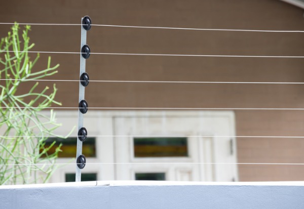 The top of a hot-wired fence in Central Illinois, used for security at a private property