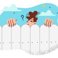 An illustration of a man peaking over a fence, looking inquisitive